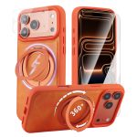 Case for iPhone 17 360° Rotating Stand, Upgraded PU Leather Military-Grade Shock-Resistant Full-Coverage Case with Rotating Stand-Orange
