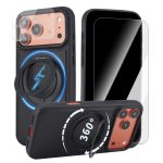 Case for iPhone 17 Pro Max 360° Rotating Stand, Upgraded PU Leather Military-Grade Shock-Resistant Full-Coverage Case with Rotating Stand-Black