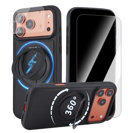 Case for iPhone 17 360° Rotating Stand, Upgraded PU Leather Military-Grade Shock-Resistant Full-Coverage Case with Rotating Stand-Black