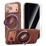 Case for iPhone 17 360° Rotating Stand, Upgraded PU Leather Military-Grade Shock-Resistant Full-Coverage Case with Rotating Stand-Brown