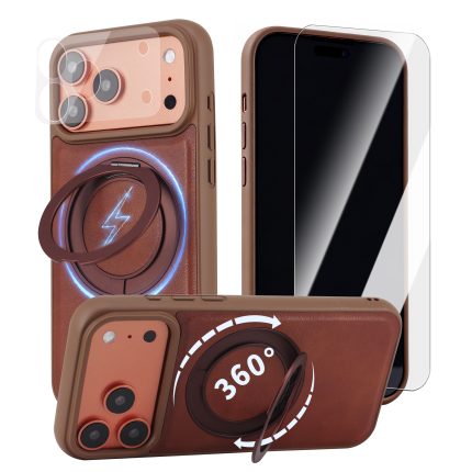 Case for iPhone 17 360° Rotating Stand, Upgraded PU Leather Military-Grade Shock-Resistant Full-Coverage Case with Rotating Stand-Brown