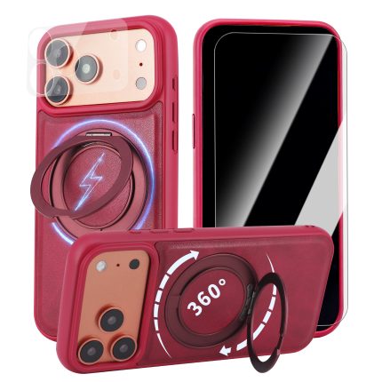 Case for iPhone 17 360° Rotating Stand, Upgraded PU Leather Military-Grade Shock-Resistant Full-Coverage Case with Rotating Stand-Red